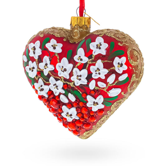 Embellished Ruby Floral Heart Glass Ornament