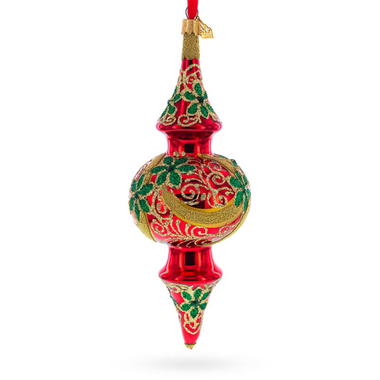 Holly & Gold Scroll Double-Ended Finial Drop Glass Christmas Ornament