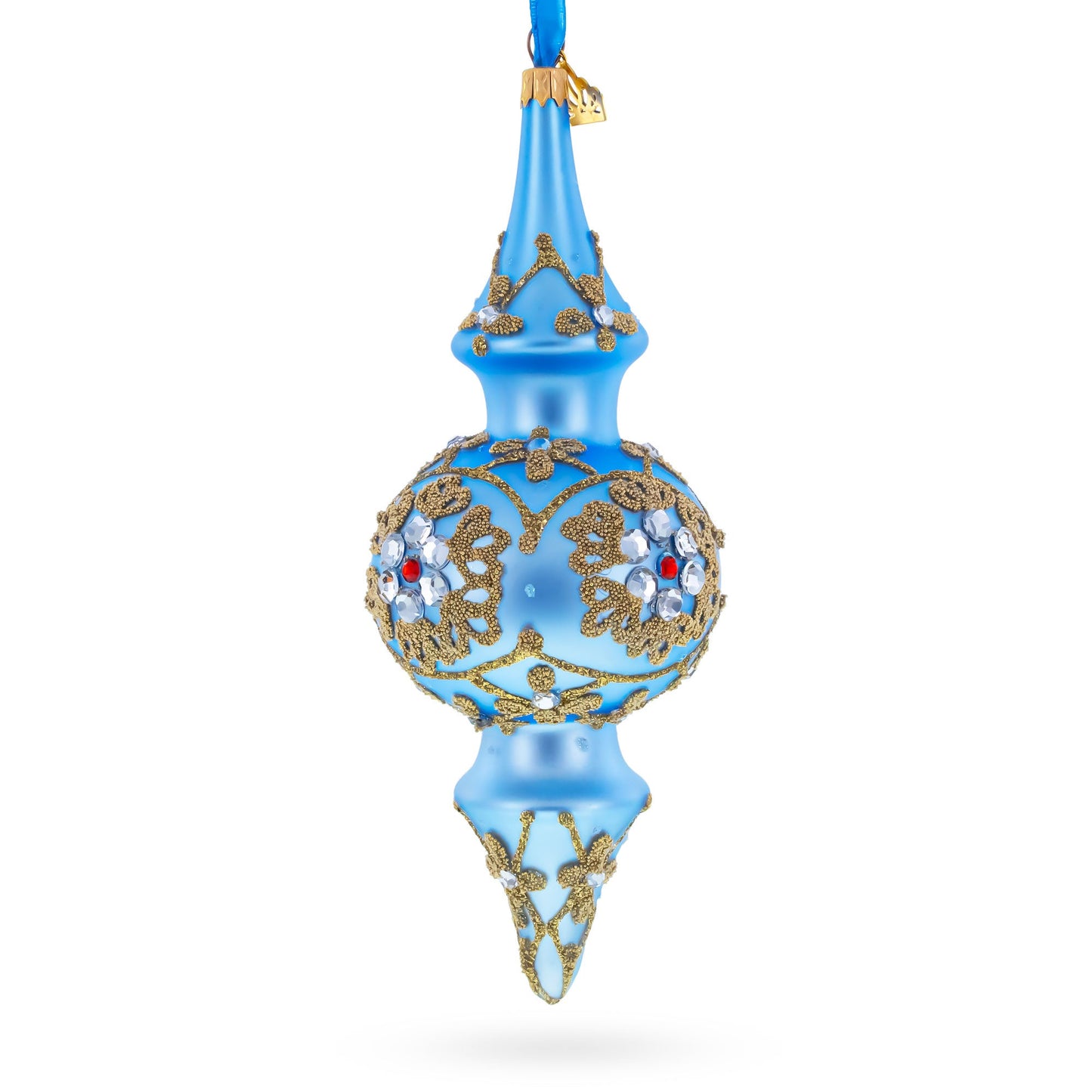 Royal Blue Jeweled Scroll Double-Ended Finial Drop Glass Christmas Ornament
