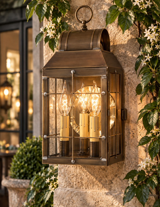A rustic outdoor wall lantern light fixture with three glowing warm bulbs, mounted on a stone wall and framed by green ivy and small white flowers.