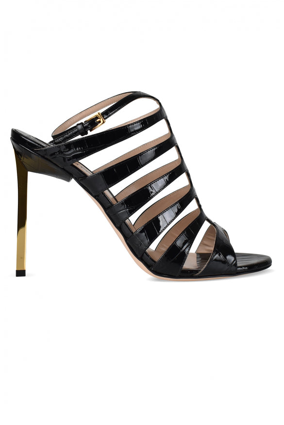 Tom Ford Croc-Embossed Gold Heel Sandals – Black Patent Leather