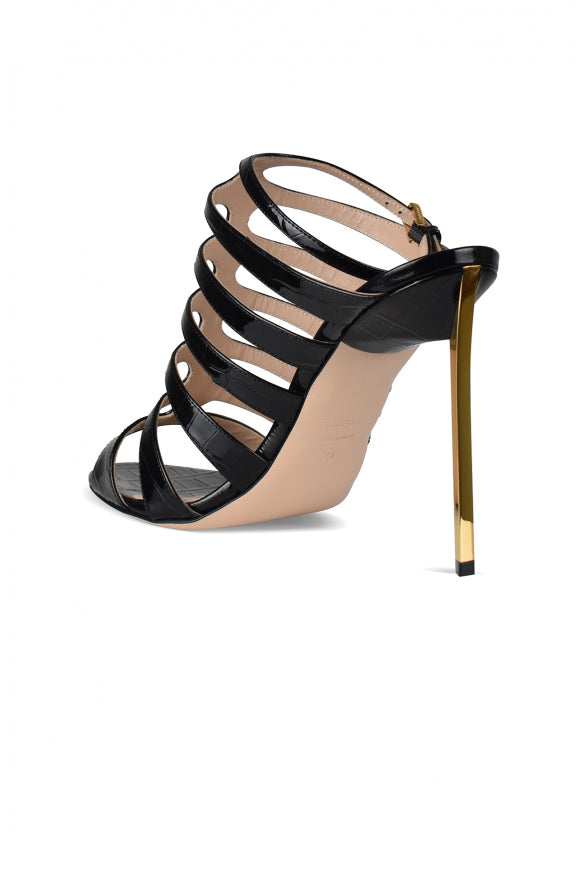 Tom Ford Croc-Embossed Gold Heel Sandals – Black Patent Leather