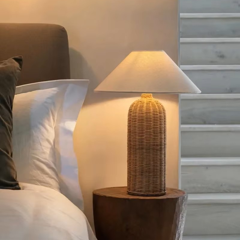Handwoven Rattan Table Lamp with Linen Shade