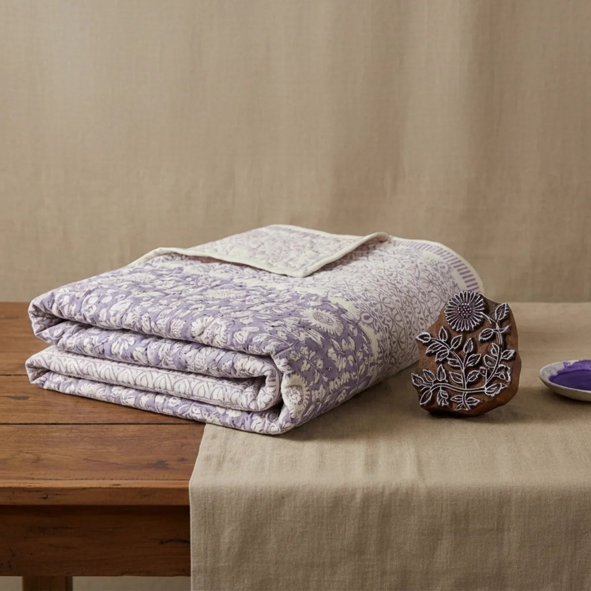 The Jaipur Sage Floral Hand Block Printed Quilted Comforter
