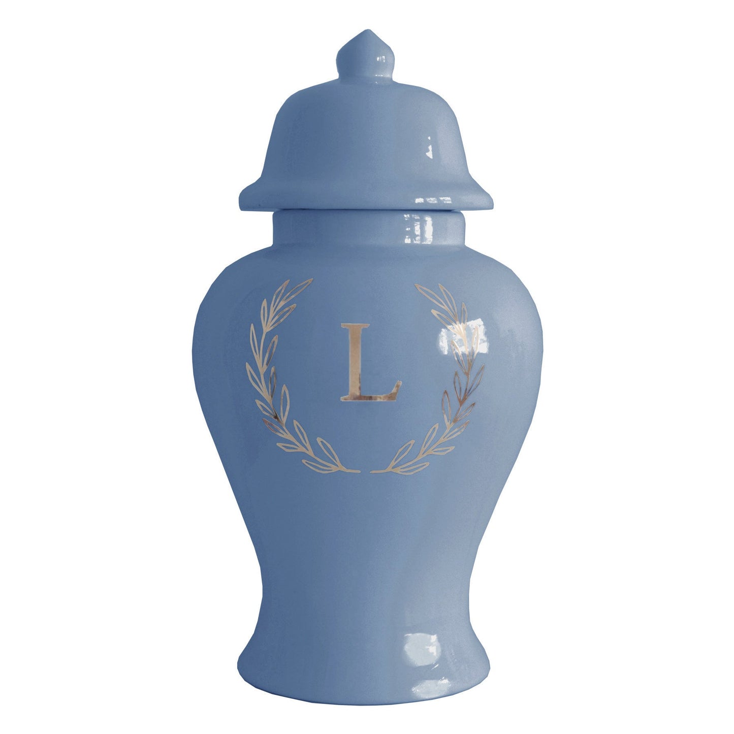 Single Letter Laurel Wreath Monogram Ginger Jars in Serenity