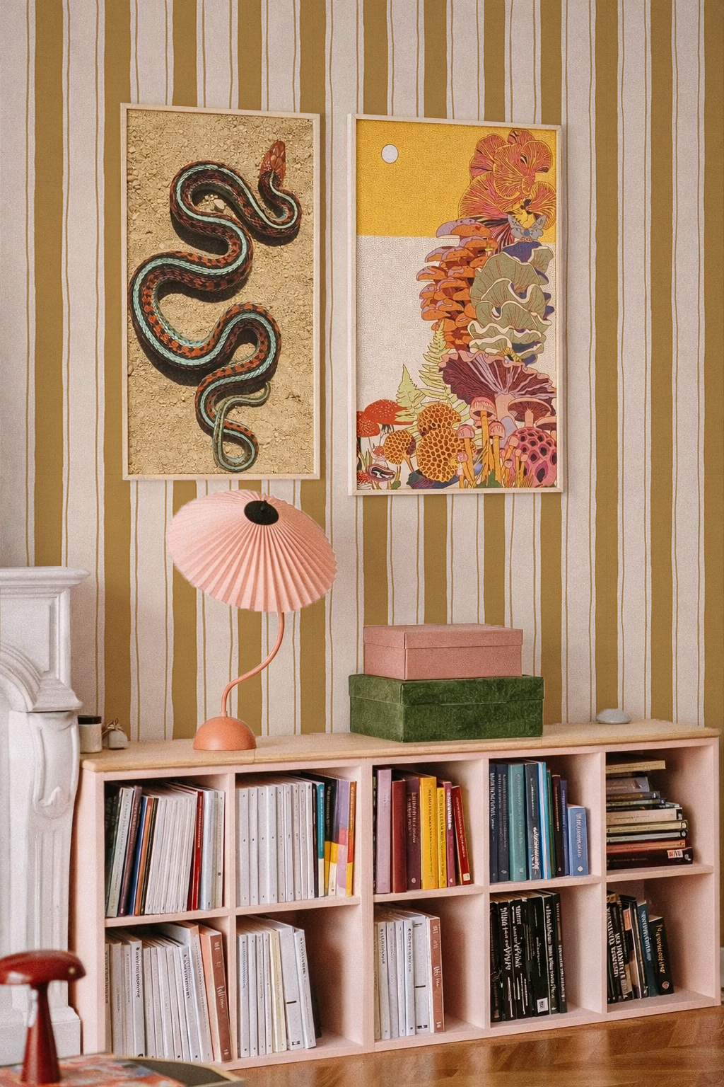 Riviera Stripe Wallpaper, off-white and mustard yellow