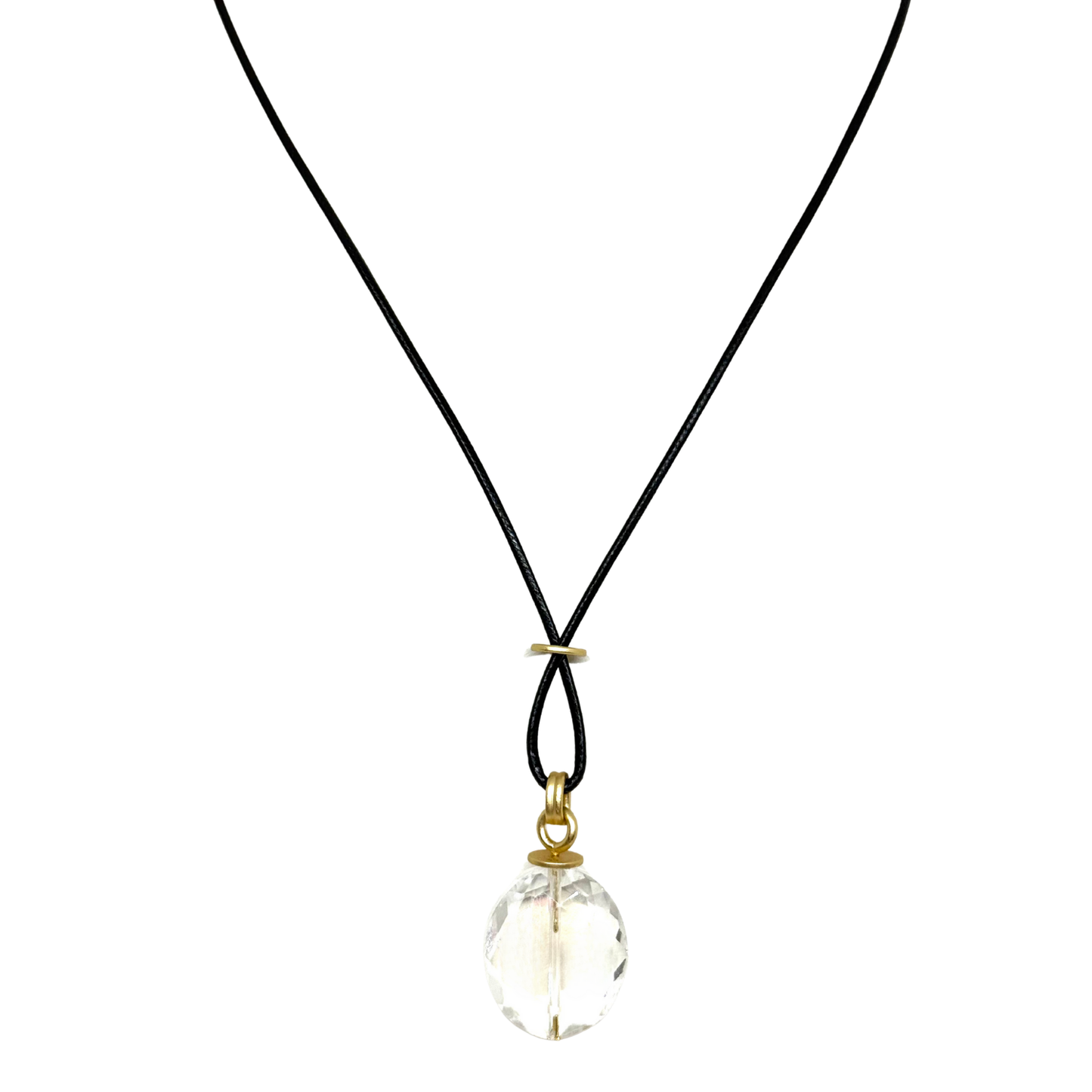 Large Clear Oval Crystal on Black Linen Necklace