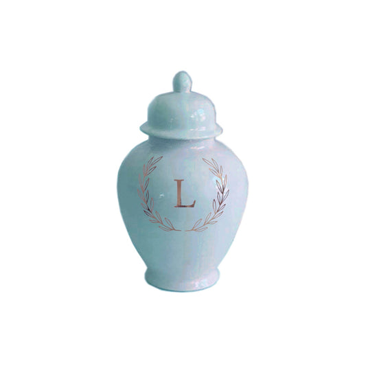 Single Letter Laurel Wreath Monogram Ginger Jars in Robin's Egg