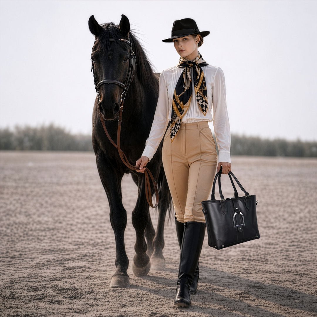 Signature - Riding Stirrup Tote Luxury Leather Handbag in Black