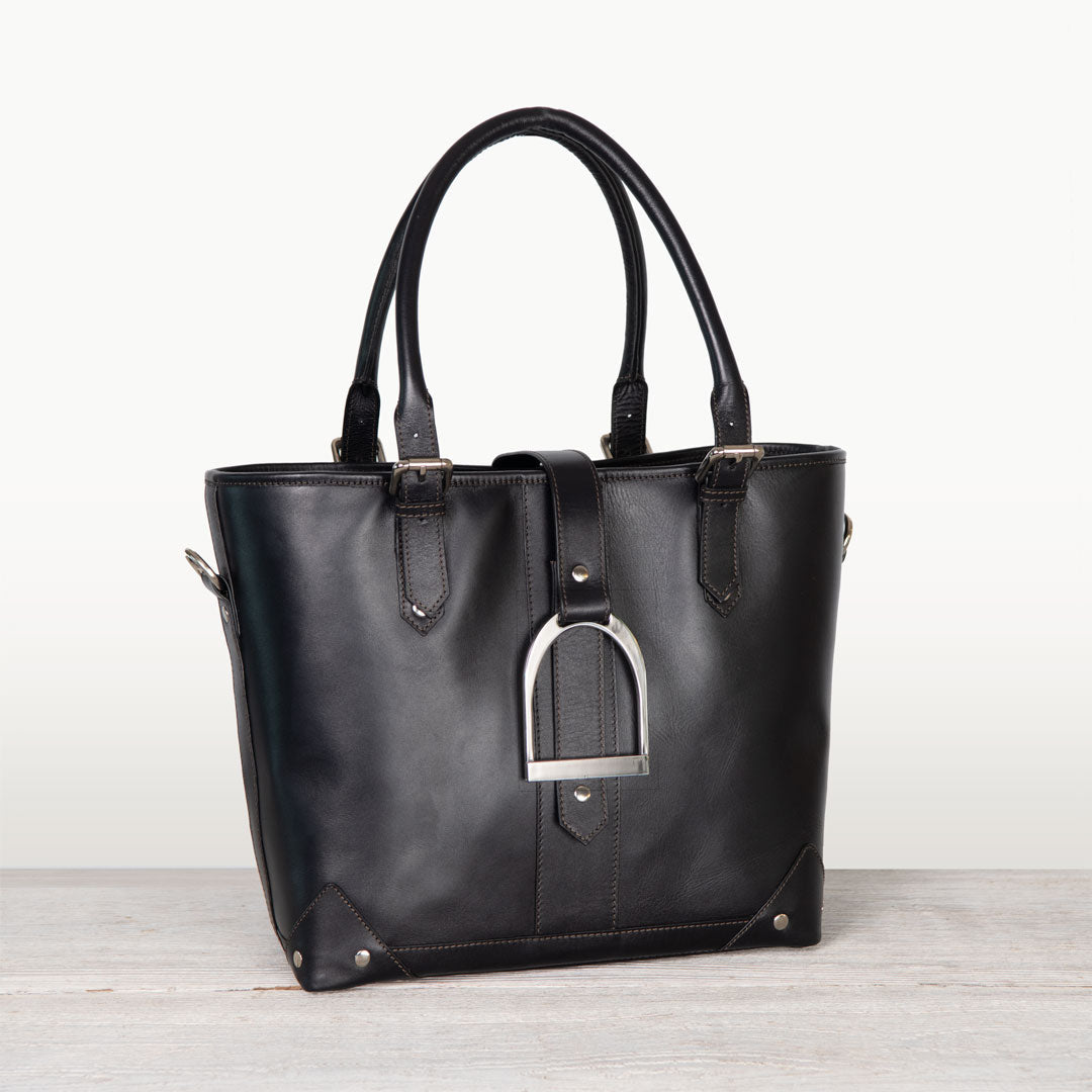 Signature - Riding Stirrup Tote Luxury Leather Handbag in Black