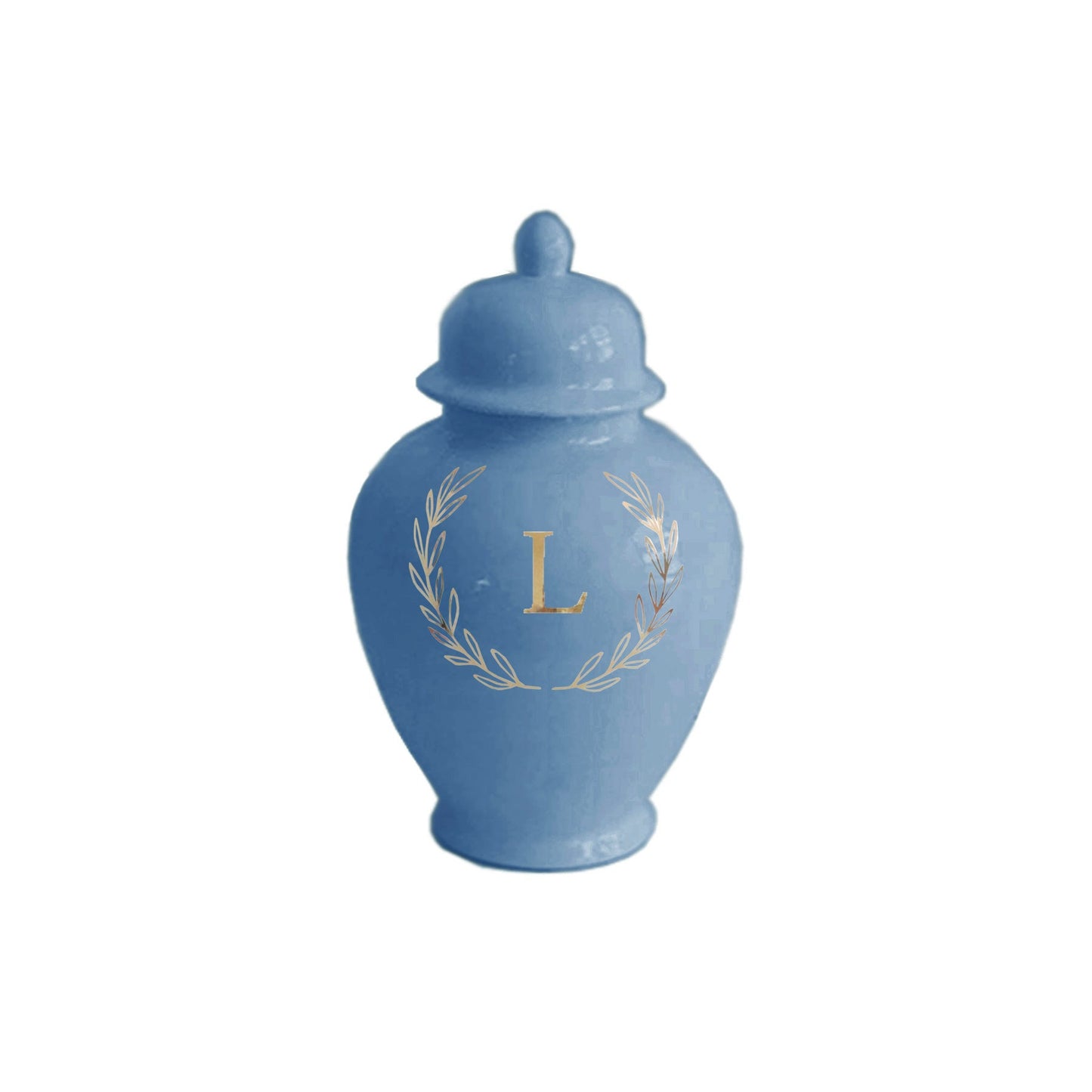 Single Letter Laurel Wreath Monogram Ginger Jars in French Blue