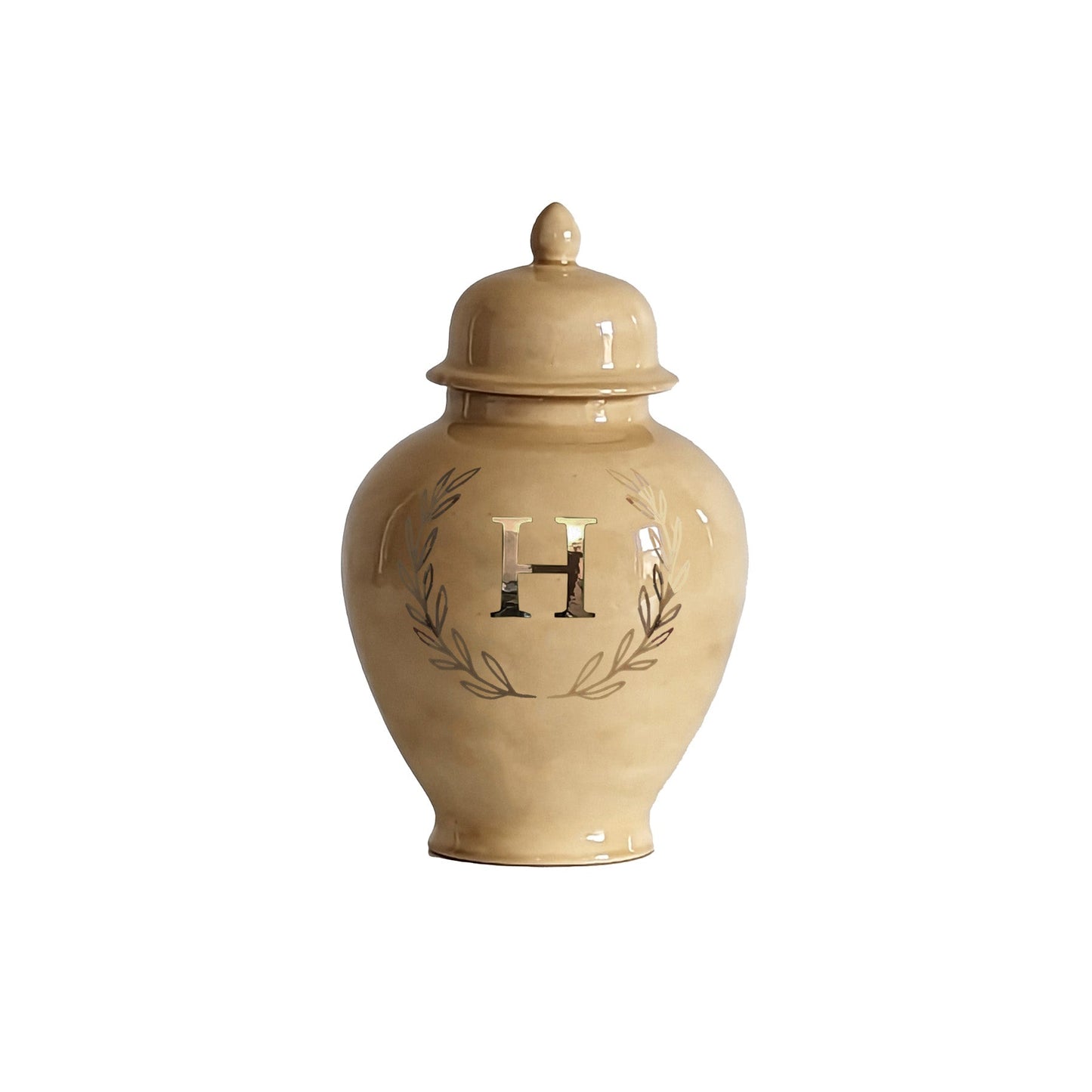 Single Letter Laurel Wreath Monogram Ginger Jars in Sand
