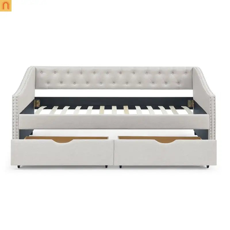 Daybed Twin Linen Beige Button Tufted Drawers 500 lb