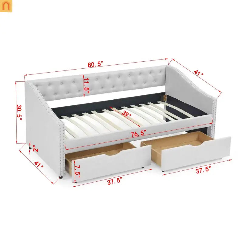 Daybed Twin Linen Beige Button Tufted Drawers 500 lb