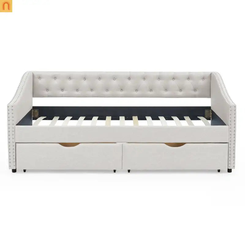 Daybed Twin Linen Beige Button Tufted Drawers 500 lb