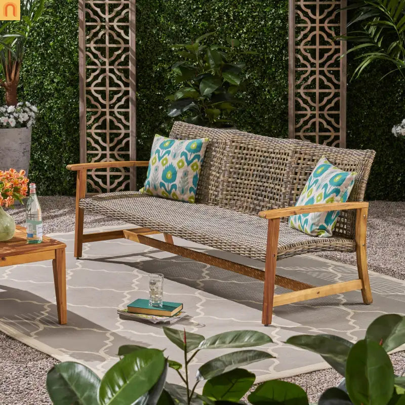 Sofa Outdoor Acacia Wood Grey Rattan Cover 3 Seater Weatherproof Cozy