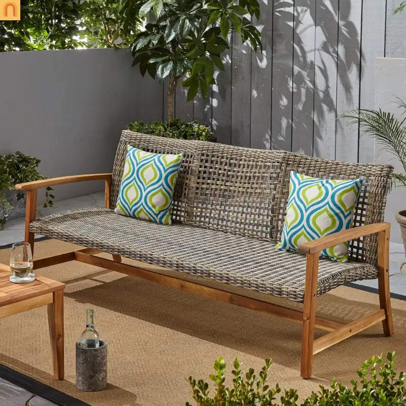 Sofa Outdoor Acacia Wood Grey Rattan Cover 3 Seater Weatherproof Cozy