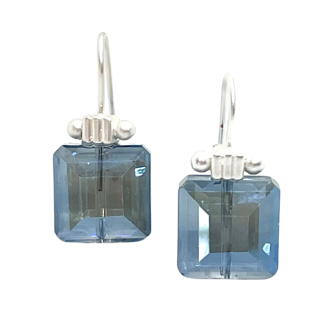 Square Blue Crystal Matte Silver Column Earrings