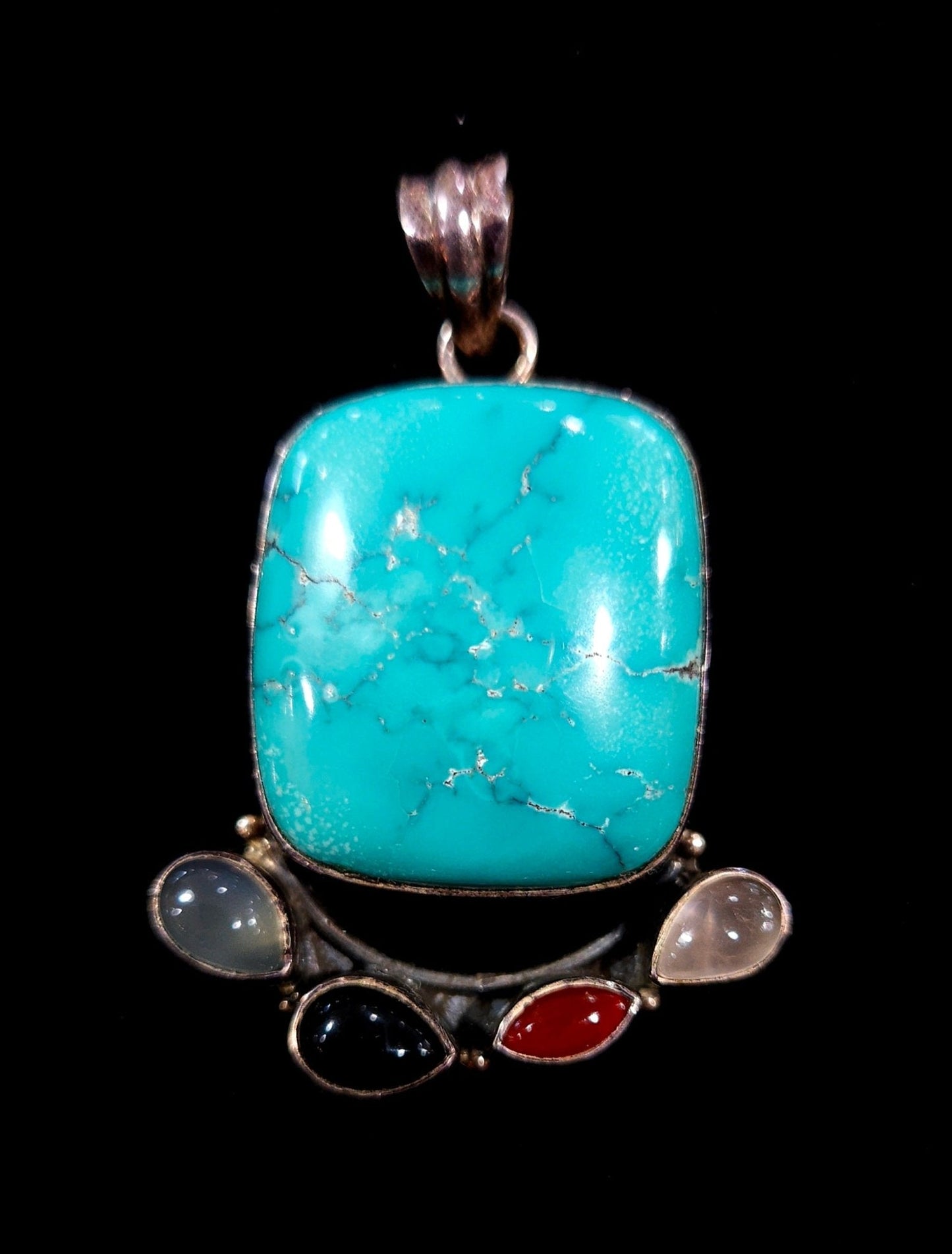 Sterling Silver Turquoise, Chalcedony, Onyx & Carnelian Pendant – Coastal Statement Jewelry