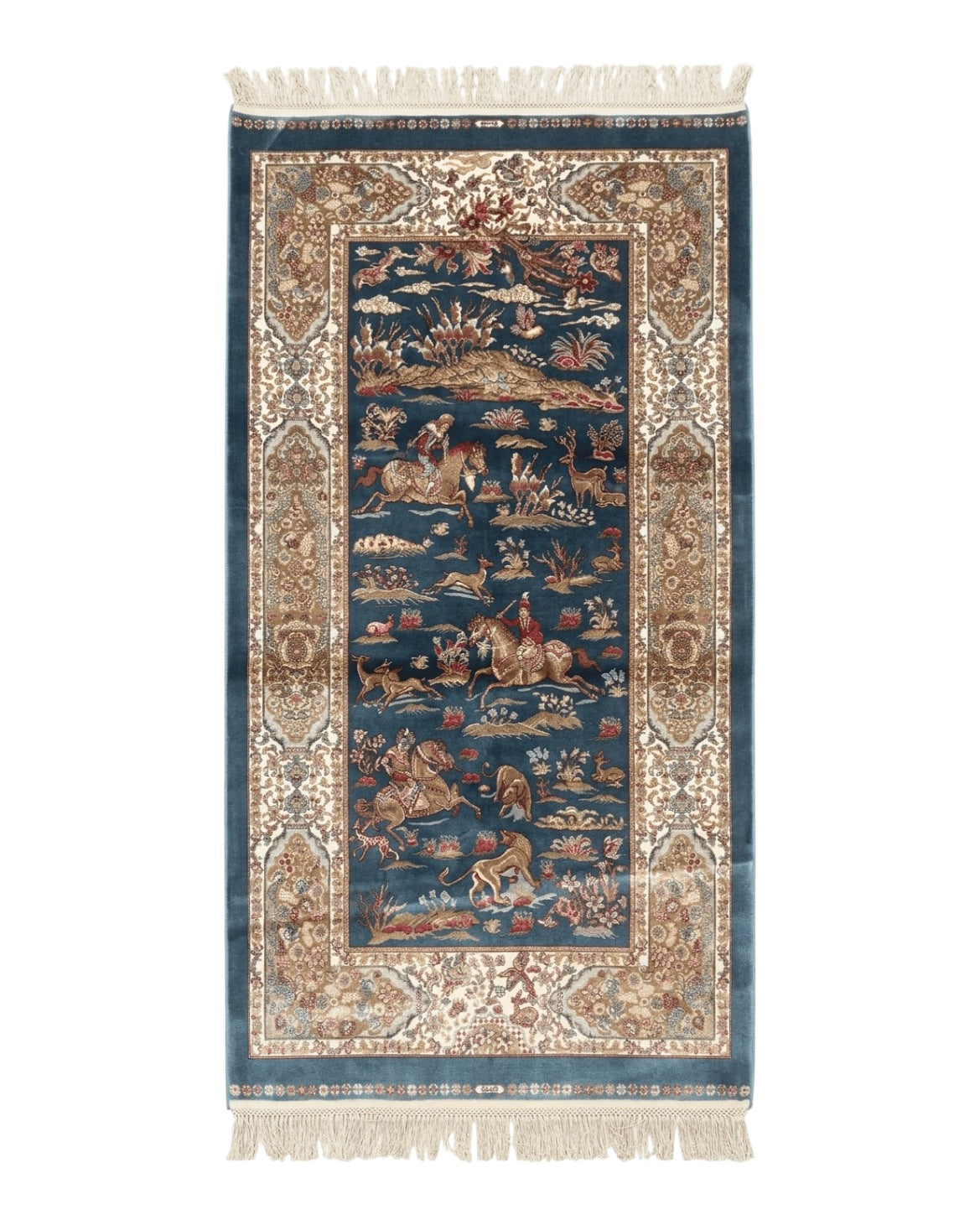 The Sporting Estate Turkish Hunting Scene Rug — Dark Steel Blue &amp; Ivory