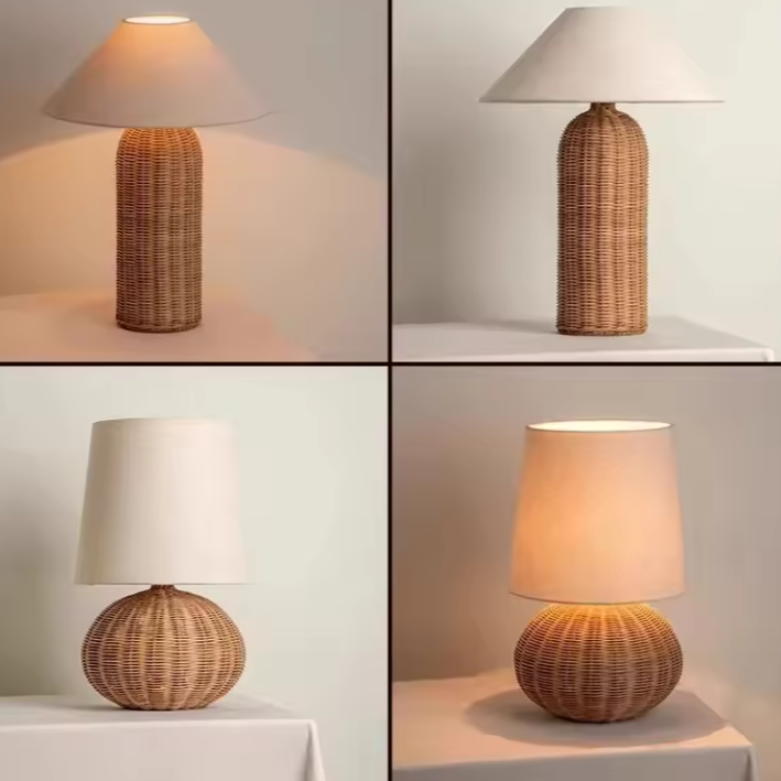 Handwoven Rattan Table Lamp with Linen Shade