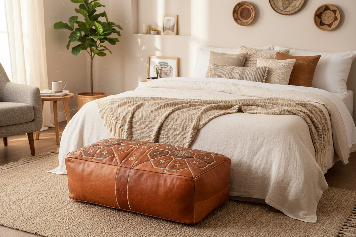 Moroccan Leather Pouf / Ottoman - Rectangular - Tile Design - Tan
