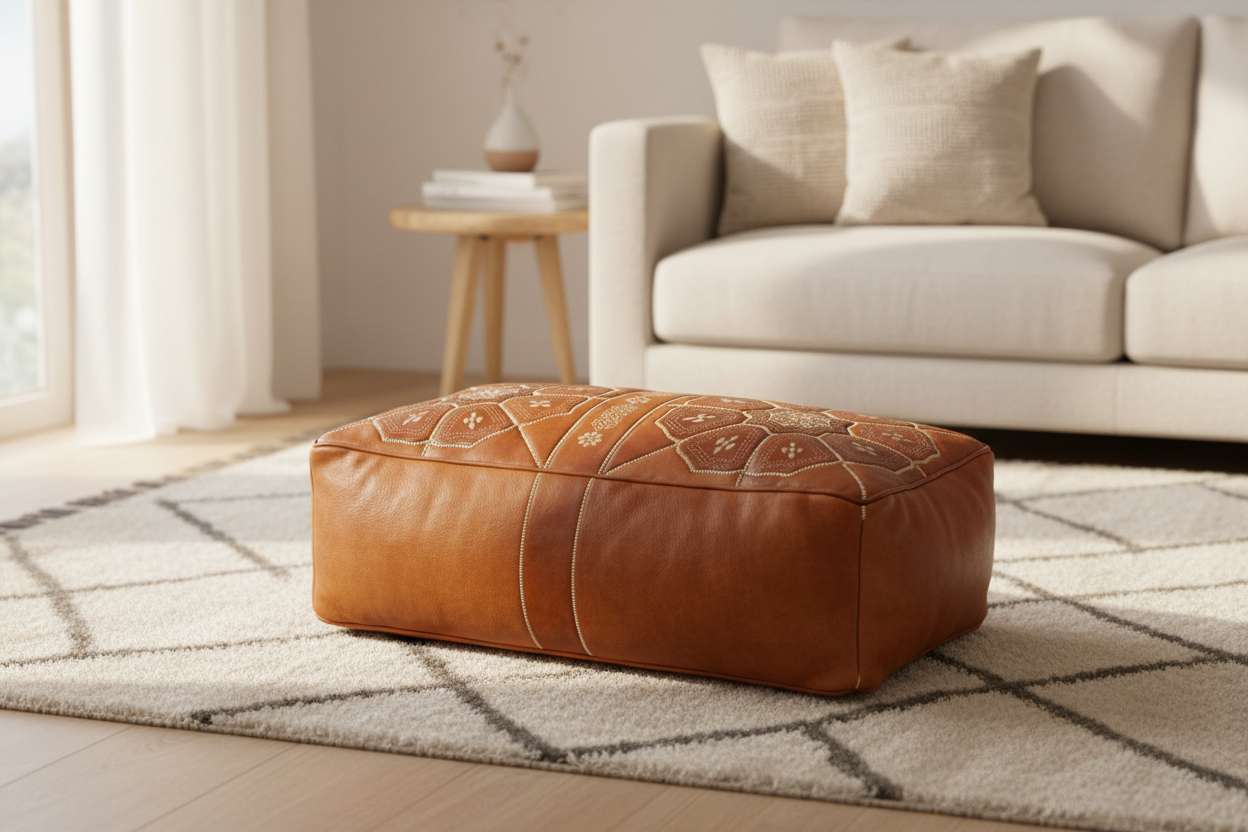 Moroccan Leather Pouf / Ottoman - Rectangular - Tile Design - Tan