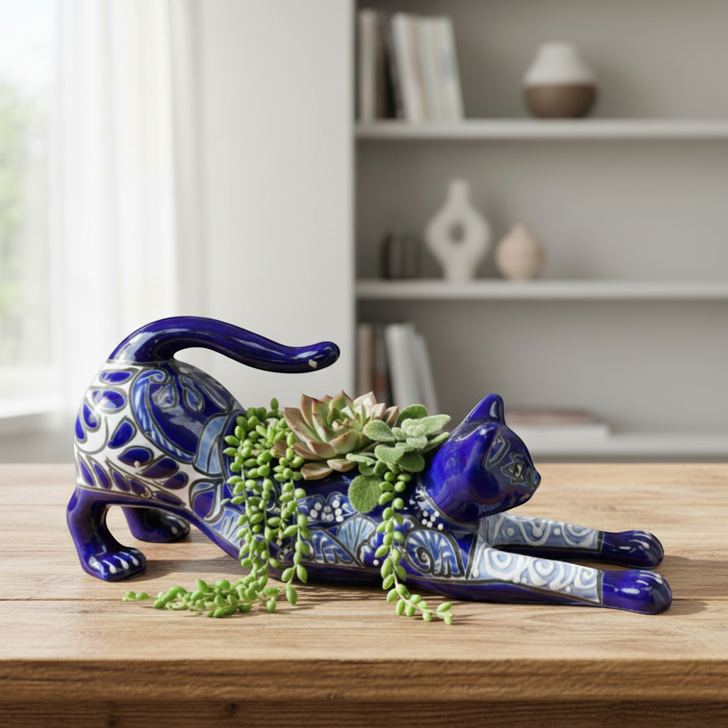 Blue Talavera Stretching Cat Planter | Mexican Folk Art Decor