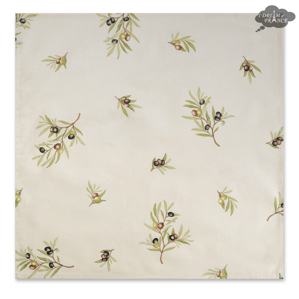 Fabric swatch with olive branch pattern on a white background
