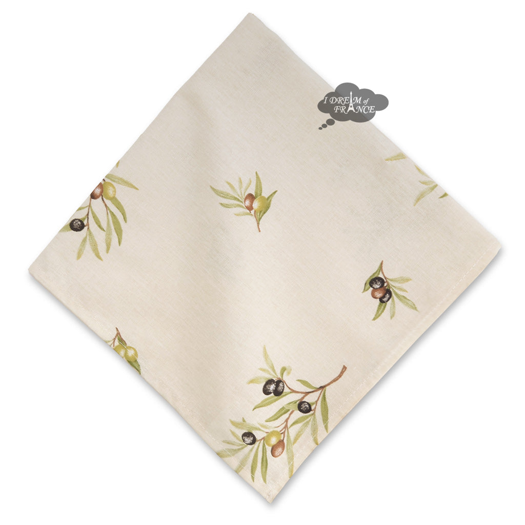 Beige napkin with olive branch pattern on a white background