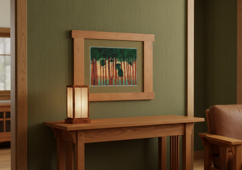 A framed forest art print hangs on a textured olive green wall above a wooden console table with a lit lantern lamp. The print features green pine trees with warm orange and red trunks, enclosed in a light oak frame.