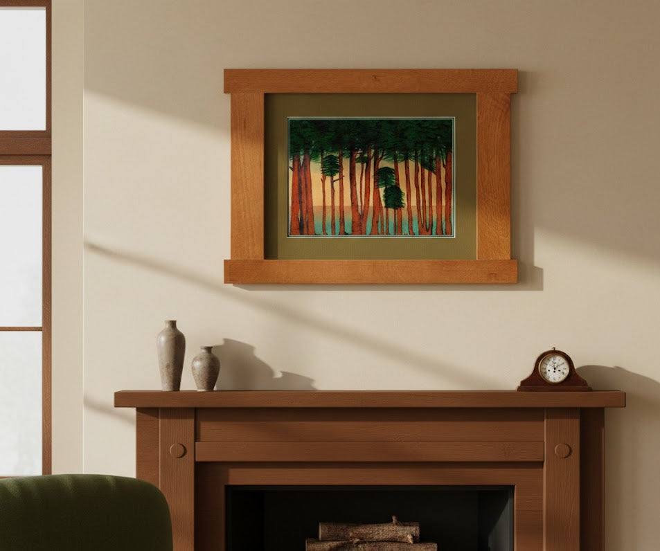 A framed art print depicting a forest with red and orange tree trunks and green foliage, mounted on a beige wall above a wooden mantel with decorative vases and a clock.