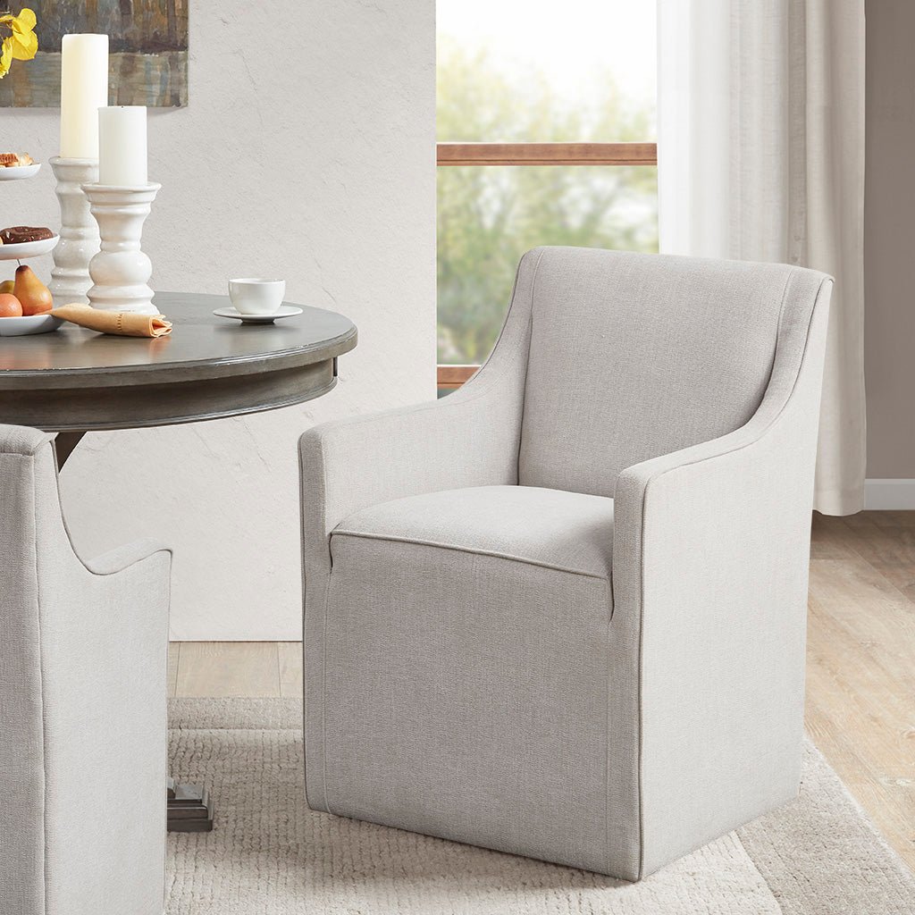 Upholstered Dining Chair with Casters and Padded Arms