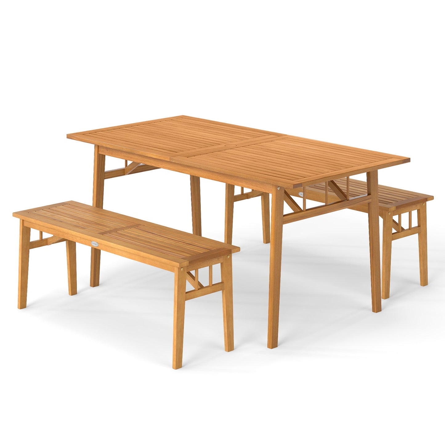 3 Pieces Patio Dining Set Acacia Wood Outdoor Rectangular Picnic Table and 2 Benches