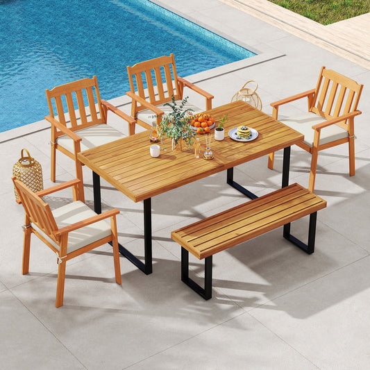 6 Pieces Patio Dining Table Set 63‚Äù Rectangle Table with 4 Acacia Wood Armchairs and Backless Bench