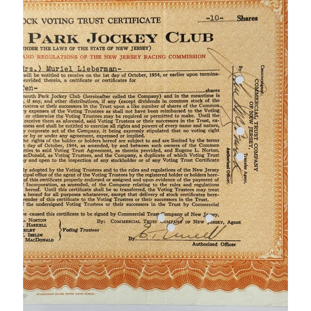 🏇 Vintage 1940s–1950s Monmouth Park Jockey Club Stock Certificate – Postwar Jersey Shore Racing