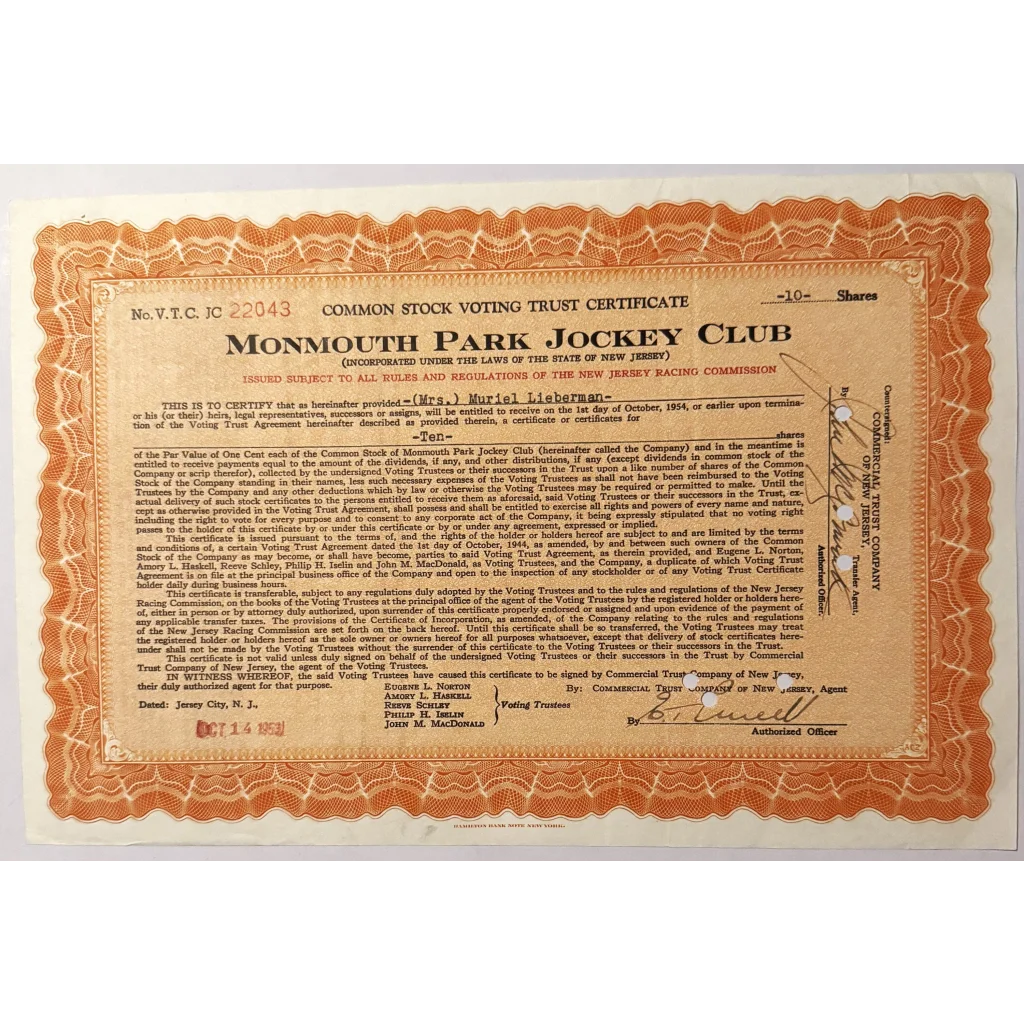 🏇 Vintage 1940s–1950s Monmouth Park Jockey Club Stock Certificate – Postwar Jersey Shore Racing