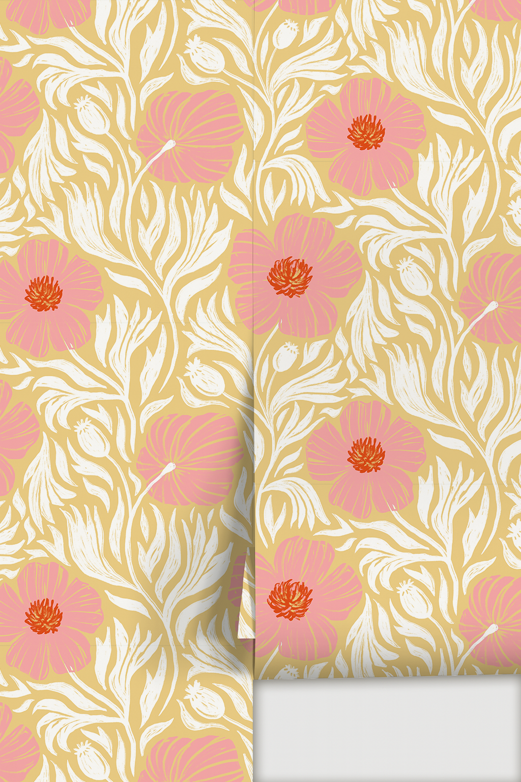 Matilija Wallpaper, butter yellow, pink and white