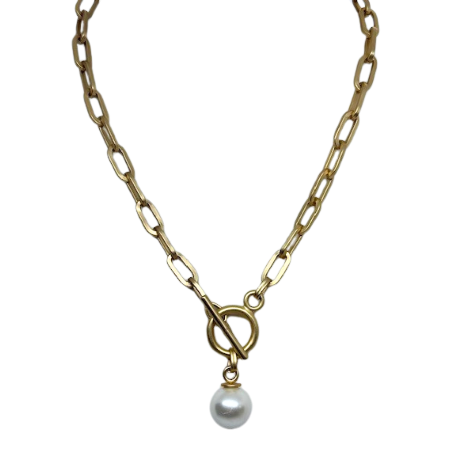 Matte Gold Paperclip Chain With White Bubble Pearl Pendant
