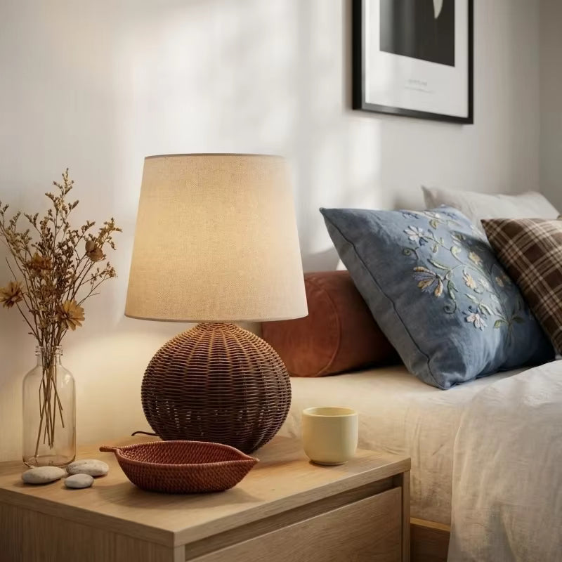 Handwoven Rattan Table Lamp with Linen Shade